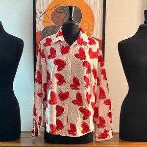 Red Heart Print Button-Up Shirt